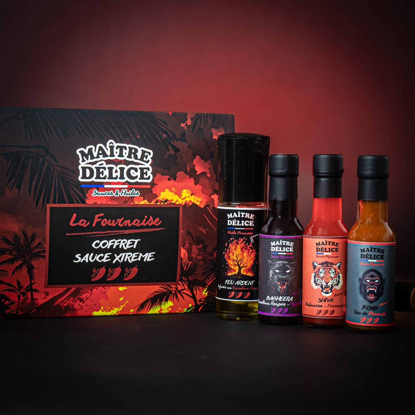 Pack Sauce piquante Xtreme la Fournaise, huile piquante en spray, sauce extra forte , mega piquante, Feu Ardent, Bagheera, Shiva, Kong