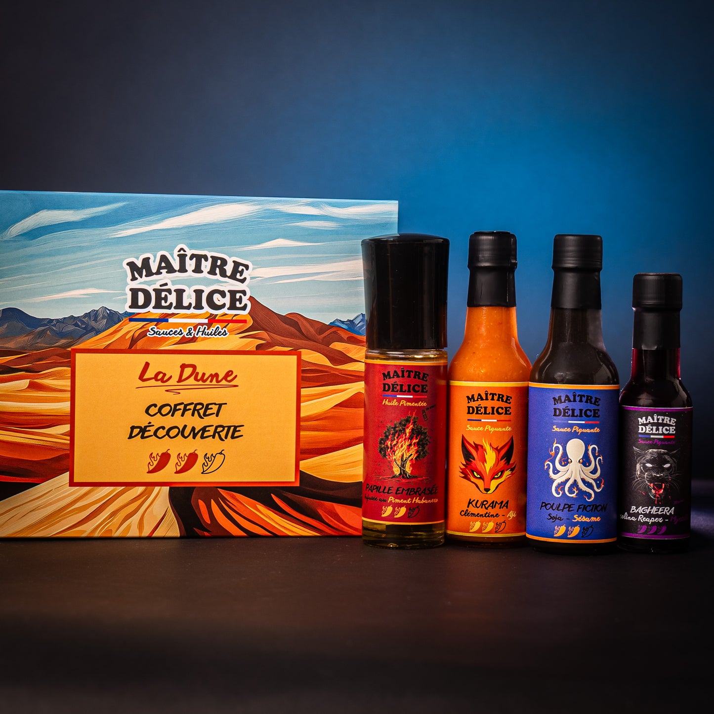 Pack Sauce piquante Découverte , La Dune. Huile piquante en Spray: Papille embrasée, Sauce piquante: Poulpe Fiction, Kurama, Bagherra